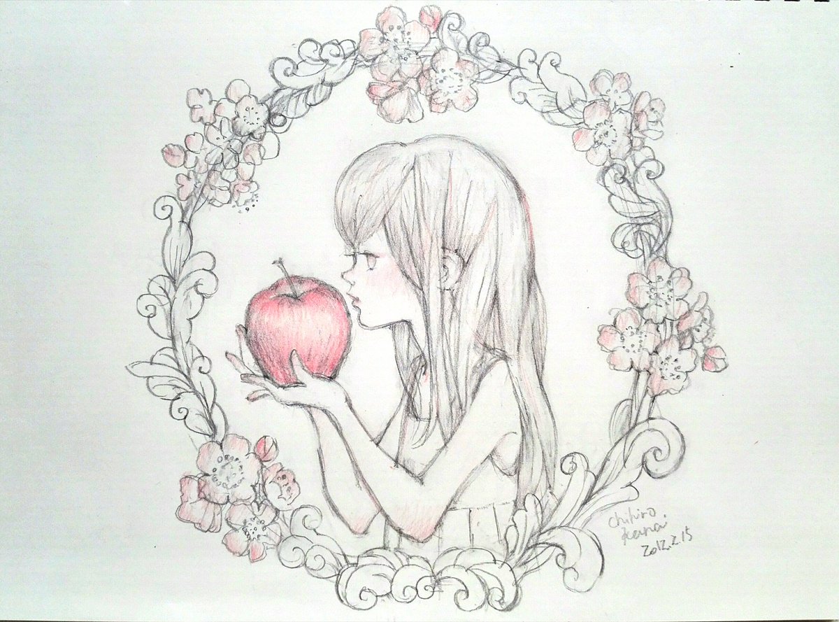 チヒロ あんずみるく 赤い林檎 鉛筆 色鉛筆 手描きイラスト 画家 りんご 白雪姫 グリム童話 挿し絵 イラストレーター 絵画販売 イラスト販売