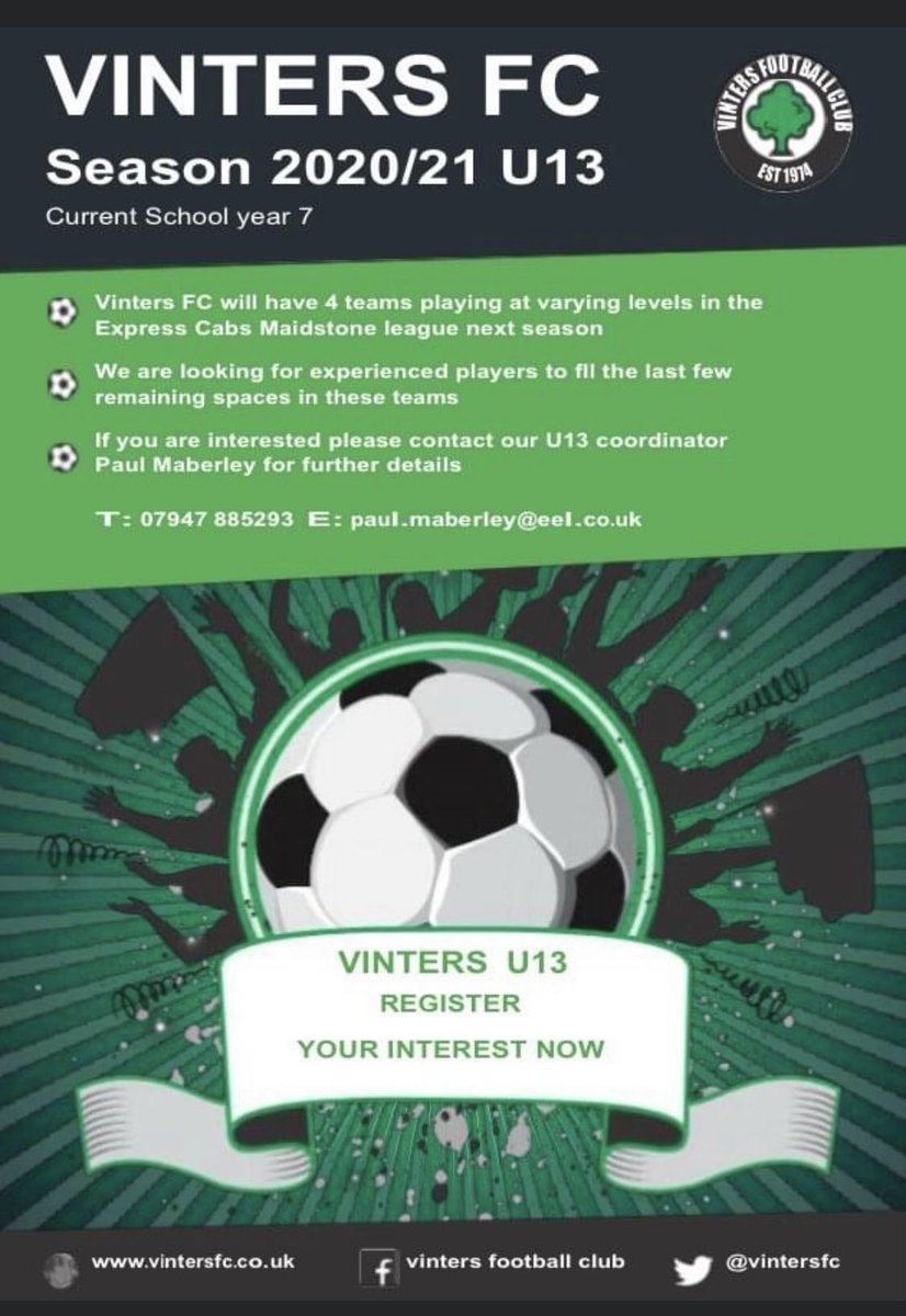 Vinters FC looking for players to join our u13 teams next season.
