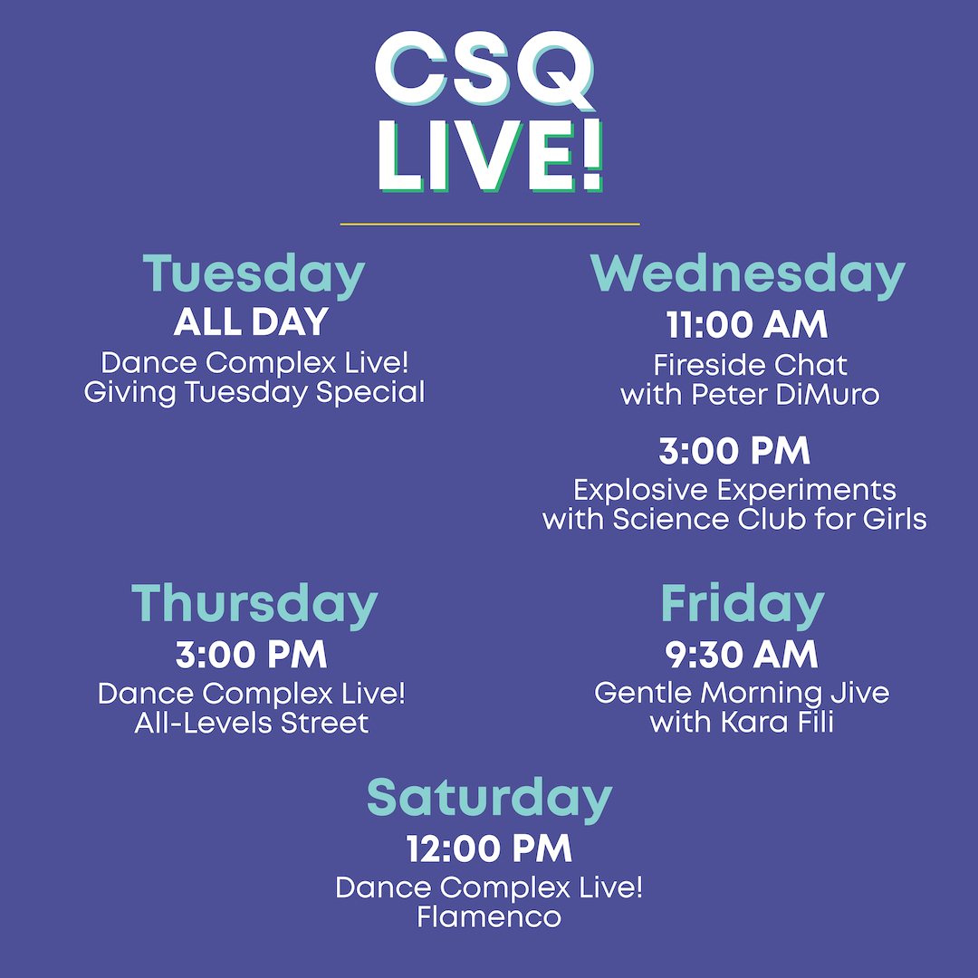CentralSQBID's tweet photo. We’ve got another full lineup of #CSQLive content for you this week! Tune in to @DanceComplex all day Tuesday for a #GivingTuesday special, plus a new science experiment with STEM Science Club. Catch it all on Facebook Live. See the full schedule at https://t.co/wyY29NiA2W https://t.co/b5d5TyMkNp