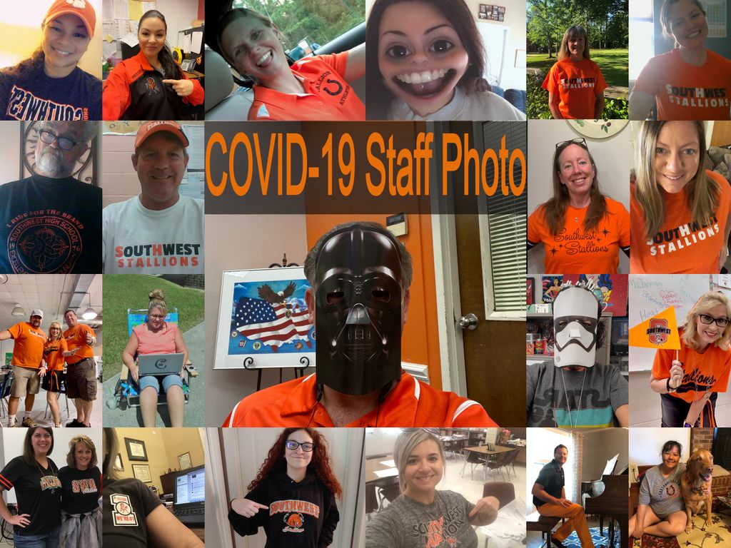 SWOnslow's tweet photo. We had fun today celebrating our Teachers during our Teacher Spirit Week! Today was wear your most 'Stallion-rific' Gear and post it on TEAMS.  We combined all of them into this COVID-19 Staff Photo. #ItTakesHEARTtobeaStallion #ThankATeacher https://t.co/UkIqcWESP7