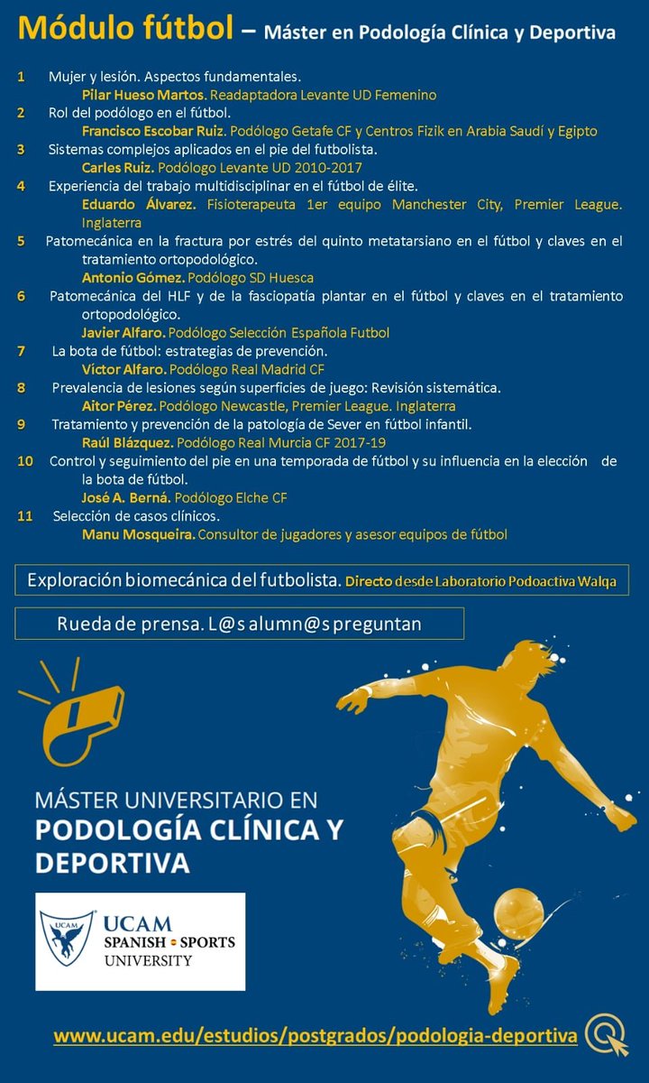Será un placer colaborar en el #Máster de #Podología Clínica y Deportiva de la <a href="/UCAM/">UCAM Universidad</a>. 

Impartiremos 4 conferencias y 1 exploración en directo desde la central <a href="/Podoactiva/">Podoactiva</a>.

Gracias a la dirección docente por contar con nosotros.

#Investigación #Formación #Podoactiva
⚽️🦶📚📊📈