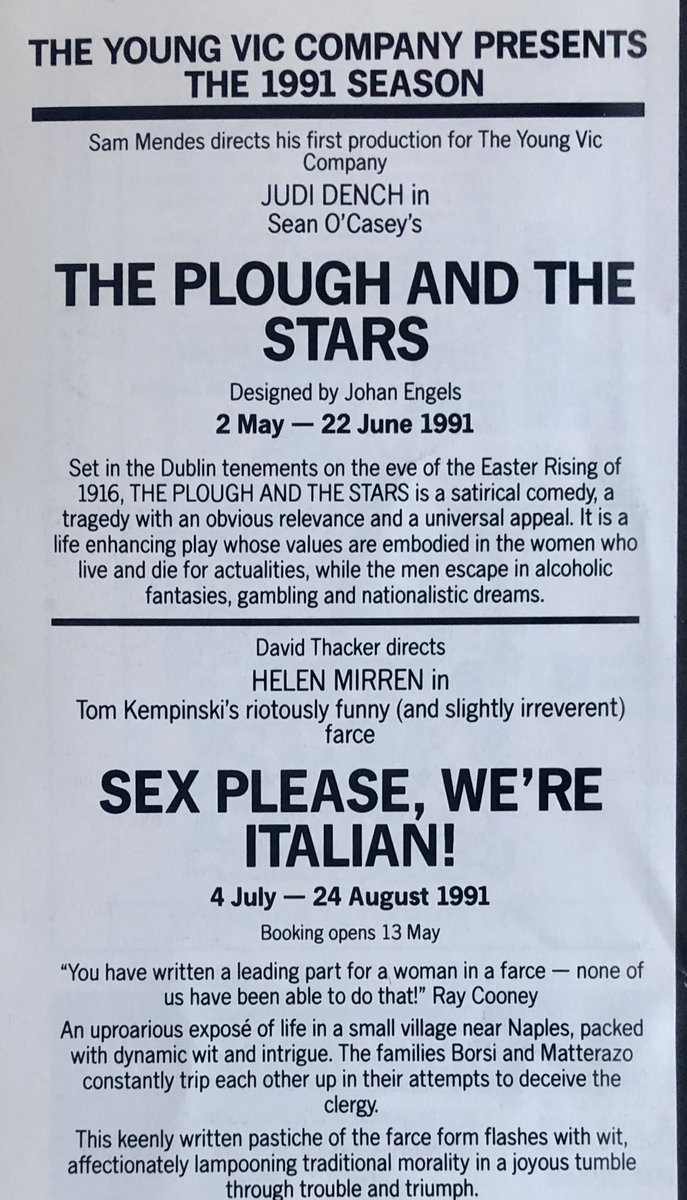 TerriPaddock's tweet photo. What else was on in 1991 under AD #DavidThacker?
A twentysomething #SamMendes was about to make his @youngvictheatre debut directing #JudiDench (long before her Bond M days), while Thacker would soon helm #HelenMirren. #leadingladies rule! Did you see?
#DudleysProgrammes https://t.co/ChqIp9xHBr