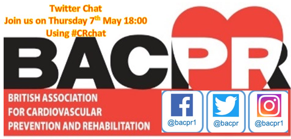 Join us on Thursday 7th May at 18:00 for open chat to discuss #cardiacrehab in your area!
Please use the following # format to respond to each Question; #CRchat A1. There will be 6 Qs, one every 10mins. <a href="/bacpr/">BACPR</a>