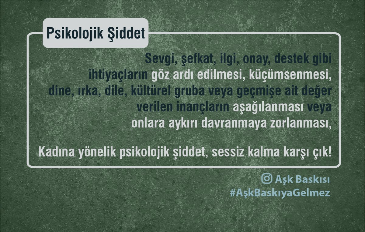 Kadına yönelik psikolojik şiddet, sessiz kalma karşı çık!

#AşkBaskıyaGelmez
#toplumsalcinsiyeteşitsizliği
#KadınaŞiddeteHayır 
#aşkbudeğil #sessizkalma #karşıçık #isyanet  
#Kadıncinayeti #BeratKayaTutuklansın #COVIDー19 #umutlabekliyoruz