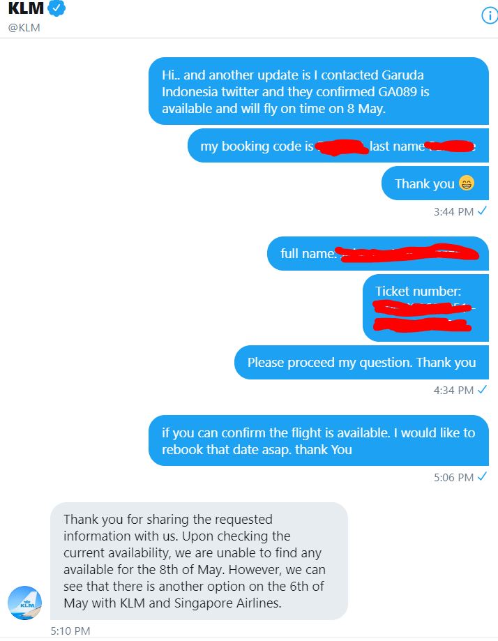 jamesudesu's tweet photo. @IndonesiaGaruda Selamat pagi, saya dapat konfirmasi dari DM twitter KLM, bahwa penerbangan tersebut tidak tersedia. jujur saya bingung. mohon pencerahannya. terimaksih :(( https://t.co/CQCaTCi1aF