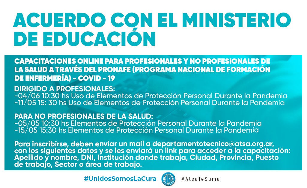 AtsaBsAs's tweet photo. CAPACITACIONES ONLINE SOBRE CUIDADOS DURANTE LA PANDEMIA 

A partir de un Acuerdo con el Ministerio de Educación y, a través del PRONAFE. seguimos llevando adelante capacitaciones sobre cuidados frente al COVID-19.
 
📲Info en: https://t.co/UmkL8JF7cM

#Capacitaciones #ATSATeSuma https://t.co/O6oDXhOytu