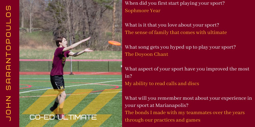 m_prep's tweet image. Our second Spring Senior Athlete to be recognized today is Ultimate Frisbee Player John Sarantopoulos marianapolis.org/athletics #GoKnights