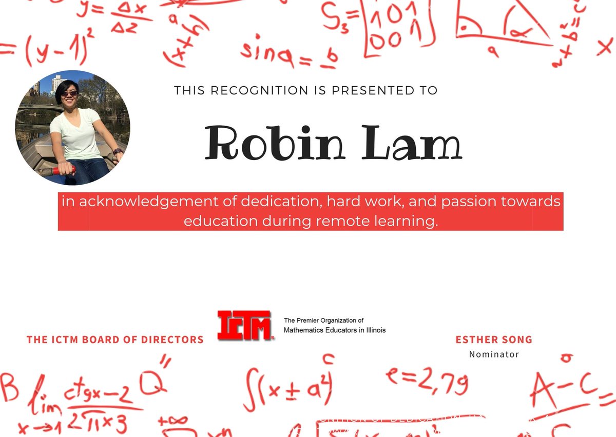 MathICTM's tweet photo. ICTM and Esther would like to recognize Robin Lam, a math teacher at George Washington High School for her amazing work during Remote Learning!

If you know someone that deserves recognition because they are amazing, fill out this form! https://t.co/Pp53MpMW8g https://t.co/i6XtWXYvM2