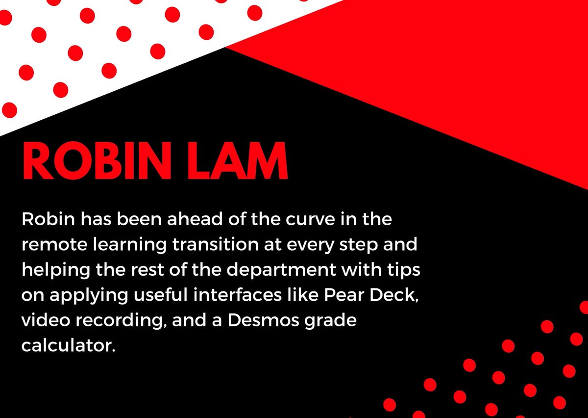 ICTM and Esther would like to recognize Robin Lam, a math teacher at George Washington High School for her amazing work during Remote Learning!

If you know someone that deserves recognition because they are amazing, fill out this form! tinyurl.com/ictmrecognizes