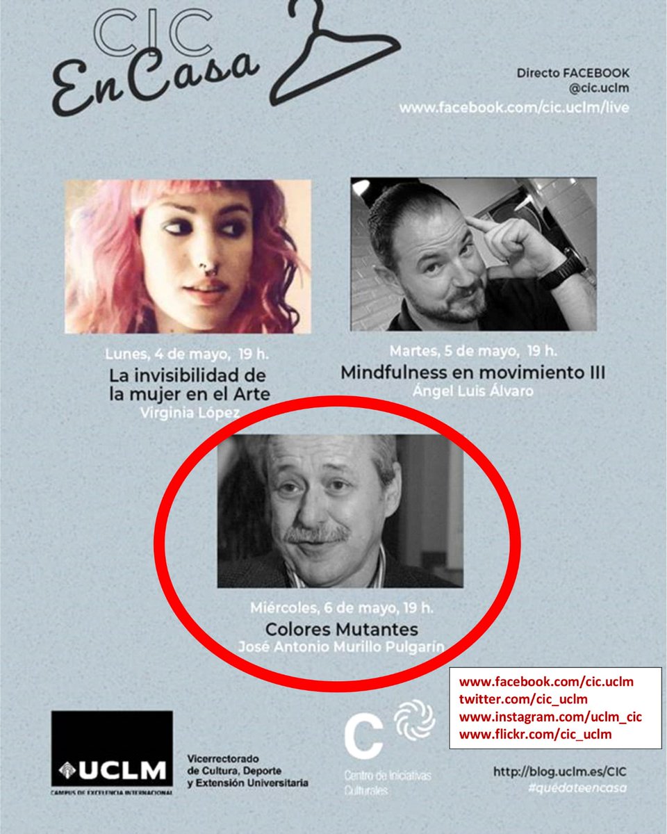 El próximo miércoles 6 de mayo a las 19:00 h #CiCenCASA con José Antonio Murillo para hablar sobre #ColoresMutantes <a href="/uclm/">uclm</a> @CIC_UCLM #culturacientifica en tiempos de #COVIDー19 con #grupoColor