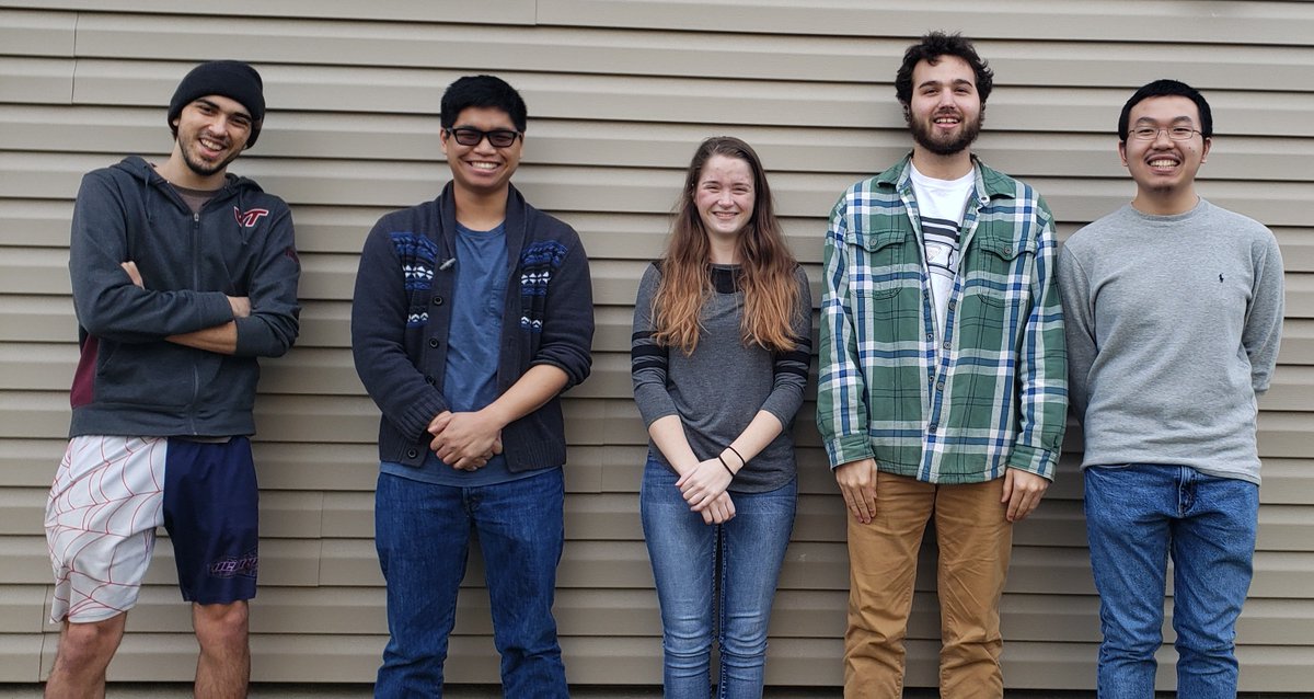 VT_CS's tweet photo. Congratulations to our fourth team, SLim's Crew: Electric Boogaloo, competing in the #VTblockchain challenge finale today at 3pm. From left, Nathaniel Getzler, Nathaniel Salazar, Allyson Senger, Evan Ott, and Steven Lim. Tune in at: https://t.co/I62KKtsWow https://t.co/SVrFX0fVhg