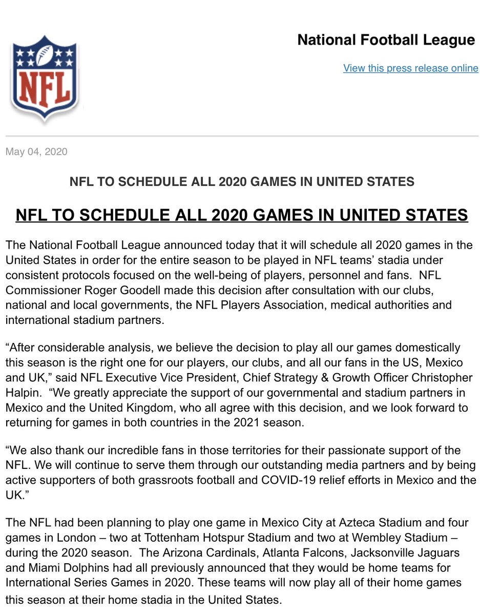 _NFLSpain_'s tweet image. La #nfl anuncia que todos los partidos de 2020 se jugarán en EEUU
No habrá partidos internacionales