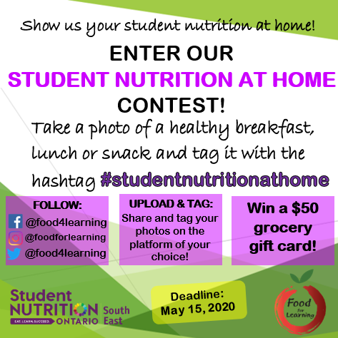 Enter to WIN our ‘STUDENT NUTRITION AT HOME’ contest! 
Show us your student nutrition at home! Take a photo of a healthy breakfast, lunch or snack and tag it with the hashtag #studentnutritionathome