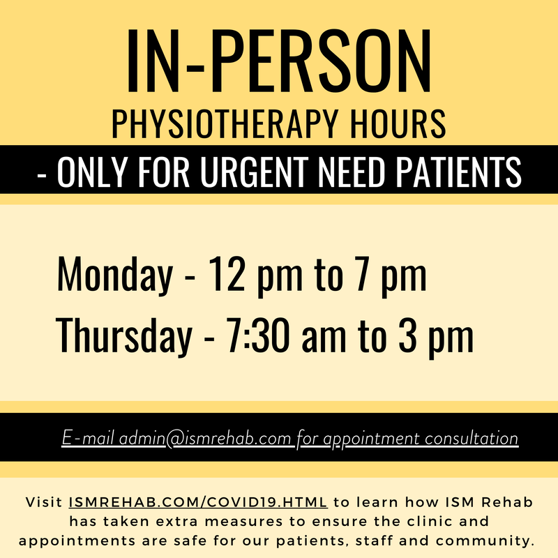 ISMRehab's tweet photo. Our physiotherapy hours this week! We are offering virtual visits, and for urgent need patients in-person visits.

Email admin@ismrehab.com or visit https://t.co/EqkssDWPqD to get started!

#onhealth #physiotherapy #burlingtonont #hamiltonont https://t.co/haY5axLG4Y