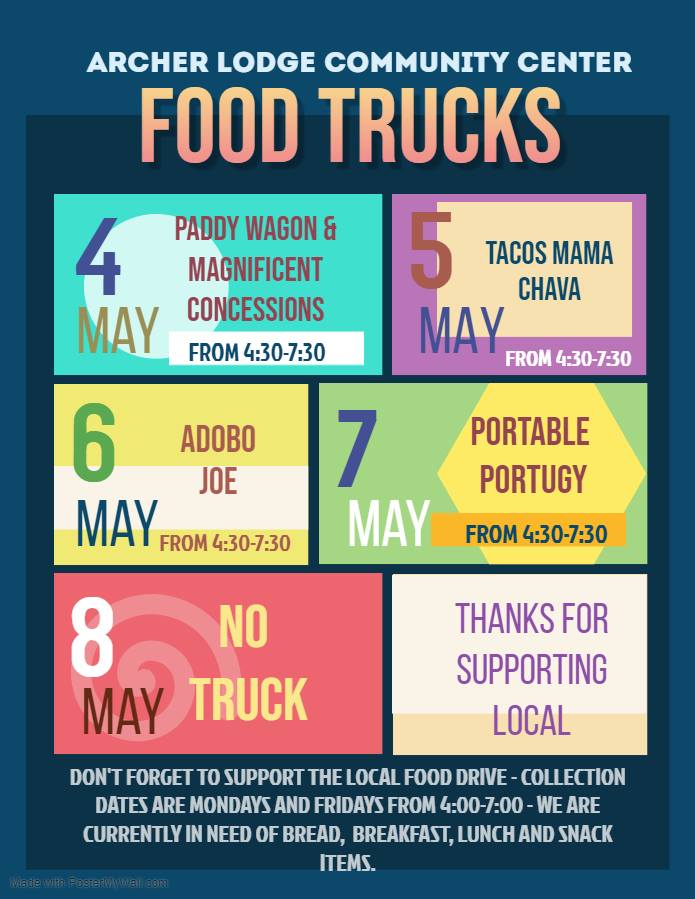 Below you will find a list of the trucks coming this week! The trucks will be set up in the parking lot of the Community Center. Note: This will be GRAB and GO only, there will be no onsite eating.