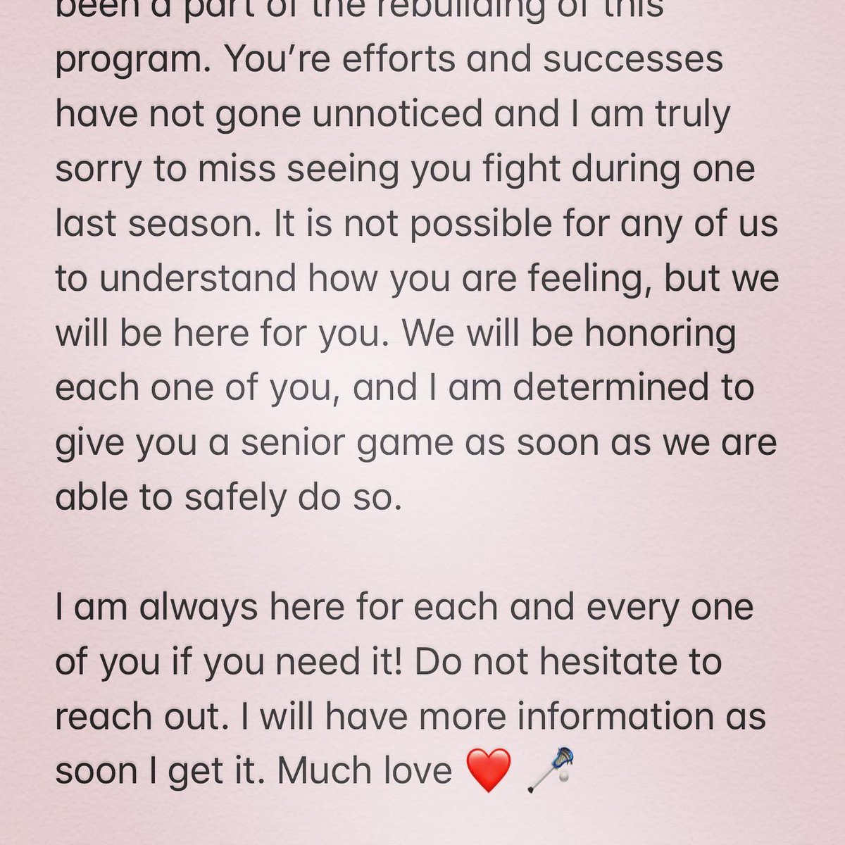 LVGLAX1's tweet photo. Heartbroken that our 2020 season is cancelled, but thankful that our safety is a priority. 
.
Be ready for some serious Senior LOVE coming in a few days!! ❤️🥍
#lvglax #girlslacrosse #springsports #lacrosse #lacrosseseason https://t.co/wbedfxr02j