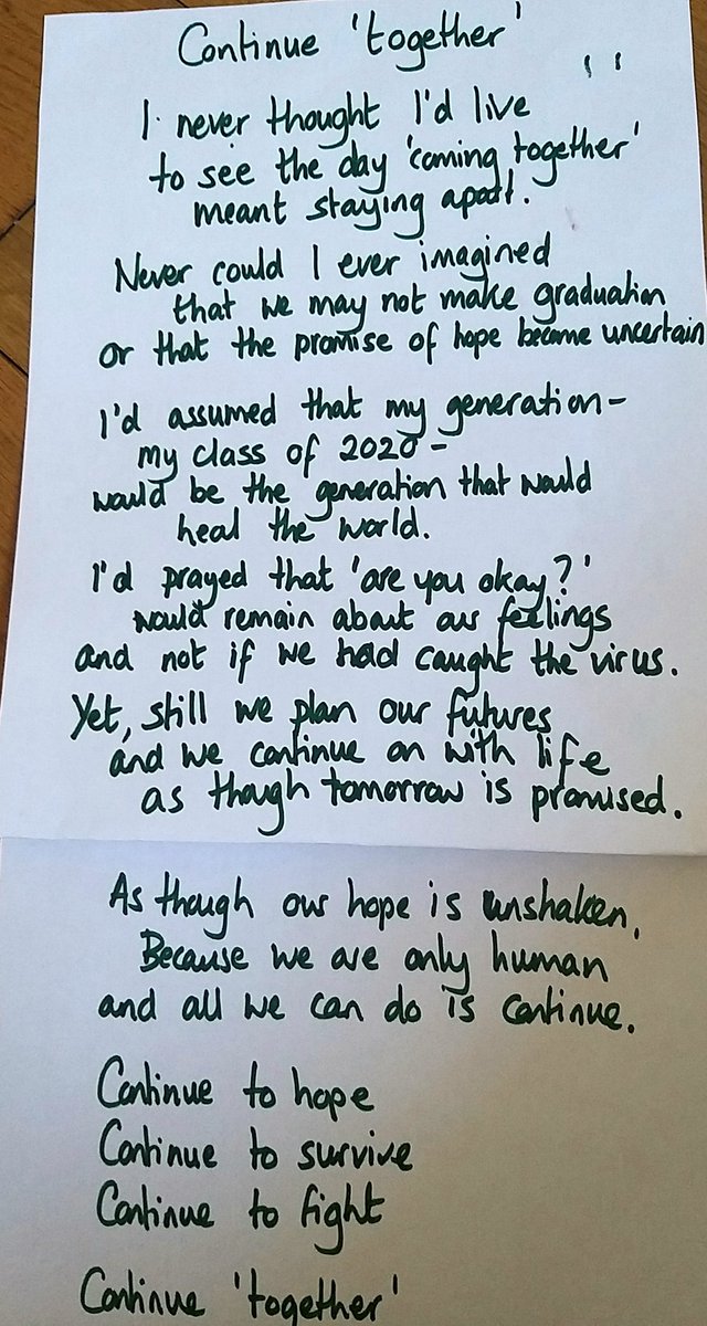 We hope you all had a very enjoyable weekend and enjoyed the good weather. Classes begin again in the morning so check your homework deadlines.Thank you to one of our sixth year students Shana who has written the following poem.#COVIDー19 #marist #ethos #TogetherWeCan