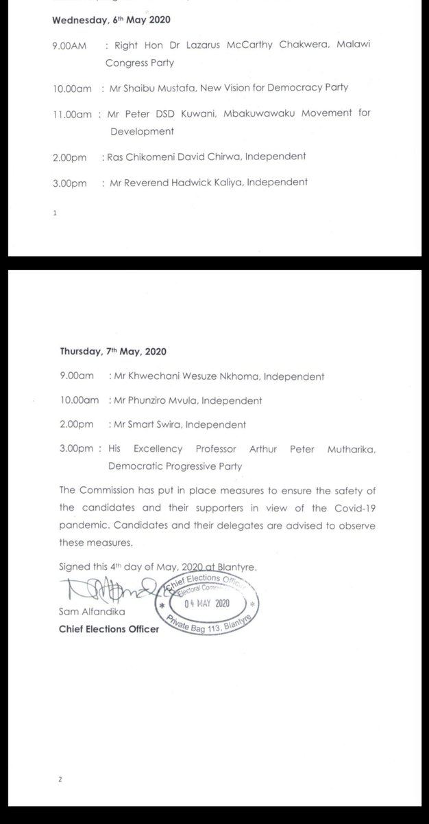 Mesnmw's tweet photo. All set from 6th-7th may 2020 for the submission of Nomination papers in Malawi fresh presidential polls. MEC indicates the ceremony will be strict in view of Covid-19. @zesn1 @simonwawa @nkaombegc @elogkenya @undpmalawi @OSISA @USAIDMalawi @NDI @YIAGA @DFID_UK @BonifaceChibwan https://t.co/gFBJ9KBVF7