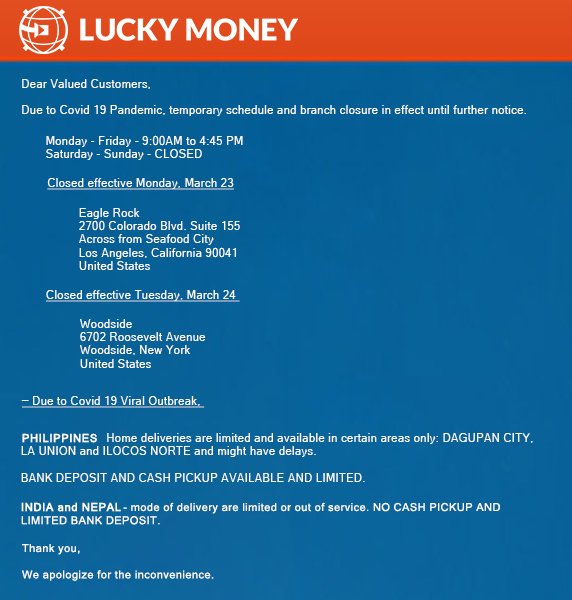 Luckymoneyusa's tweet photo. #staysafe #stayhealthy #notice #remittance #newServiceHours #operatinghours #corona #coronausa #coronabayarea #coronasf #covid19 #sendmoneyonline #filam #sendmoneyphil #sendmoneyindia #sendmoneynepal #nepal #nepalfinancial https://t.co/S3lJI0eC0W