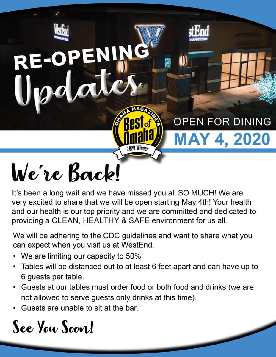 We're BACK! We are so excited to be able to open our doors today and we have missed you all so much. We will be adhering to the CDC guidelines to keep everyone safe. Here is what to expect when you visit us. #thewaitisover #reopening #weareback #cocktails #omaha #elkhorn