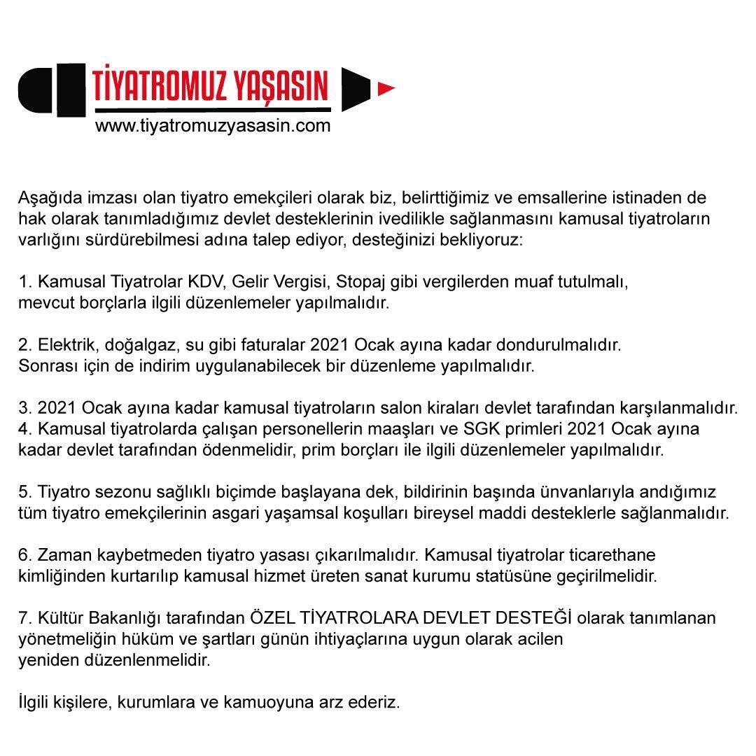 Bu defa alkışlarınızı değil,imzalarınızı istiyoruz #tiyatromuzyaşasın diyenlerle beraber bu kararlı mücadeleyi büyütmek için yola çıkıyoruz.
Bildiriyi sadece imzalamayın tüm inandıklarınızla ve sevdiklerinizle paylaşın,yaşasın tiyatro.

tiyatromuzyasasin.com
#tiyatromuzyaşasın