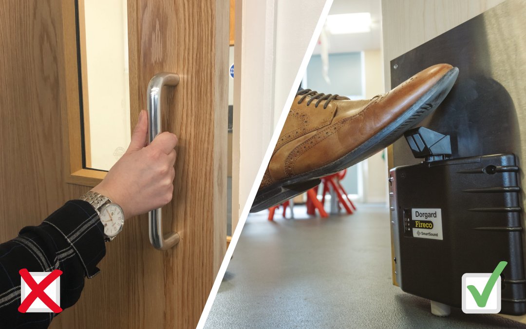 Fireco's tweet photo. Concerned about the spread of COVID-19 from commonly used items, such as door handles? Our products hold open fire doors, preventing the need to touch the door to gain access. Click the link to find out more. https://t.co/YAhHQplEs3 #germcontrol #conronavirusprovention https://t.co/Jforzr1cNj