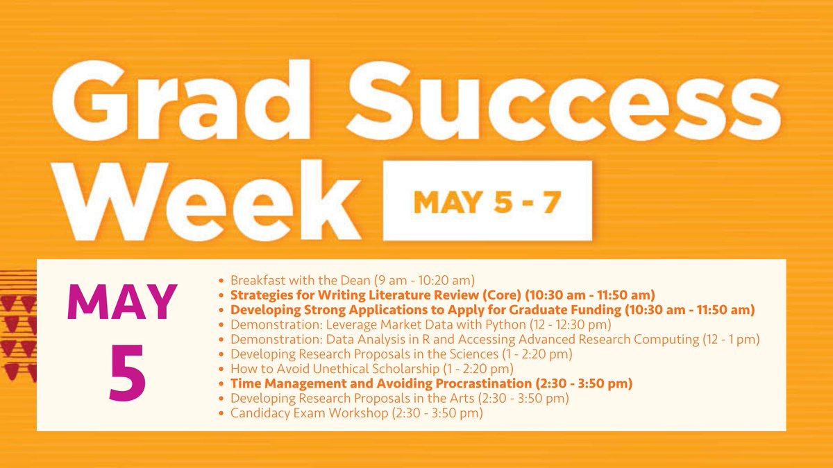 GSACalgary's tweet photo. Tomorrow is the first day of Grad Success Week, if you haven't signed up yet, do so now:
https://t.co/AVTKY0jZXs
Please remember to sign up because spots are limited!
See in graphic May 5's workshop schedule & highlighted workshops!
#ucalgary #ucalgarygradstudents https://t.co/P9gQK5PPU8
