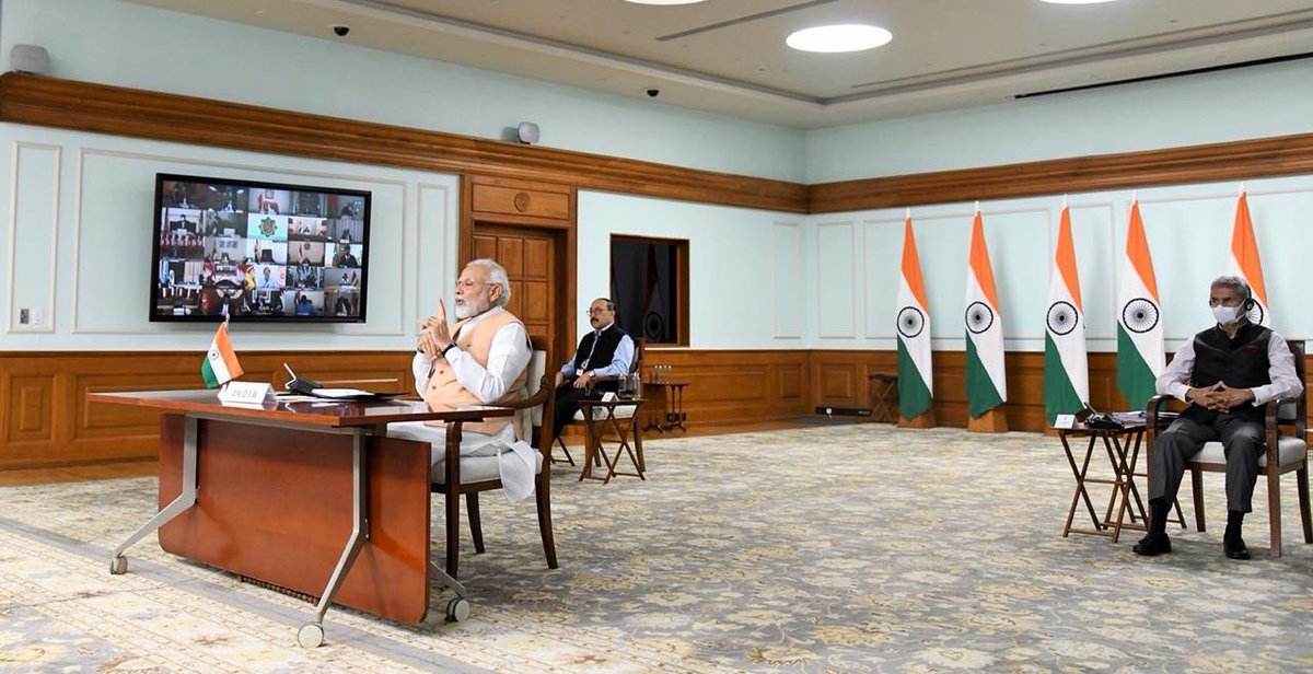 MEAIndia's tweet photo. Global solidarity, global response. 

PM @narendramodi participated in the online Summit of  #NAM Contact Group. He called on NAM members to work as partners towards an inclusive and cooperative global response against #Covid19

Full remarks 🔗https://t.co/4JG3FMH1m4 https://t.co/fdi3CKo3g6