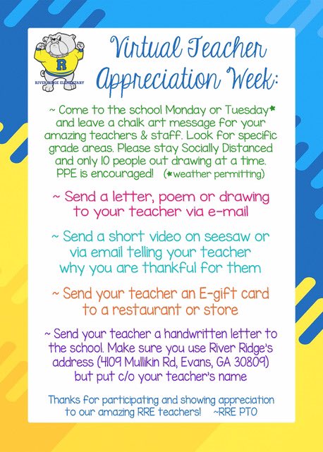 Bulldogs_RRE's tweet photo. Hey, Bulldogs!! It’s Teacher Appreciation Week...take a few minutes to show your teachers some love!! We miss you so much! 💙💛💙 https://t.co/srEkOvL7BU