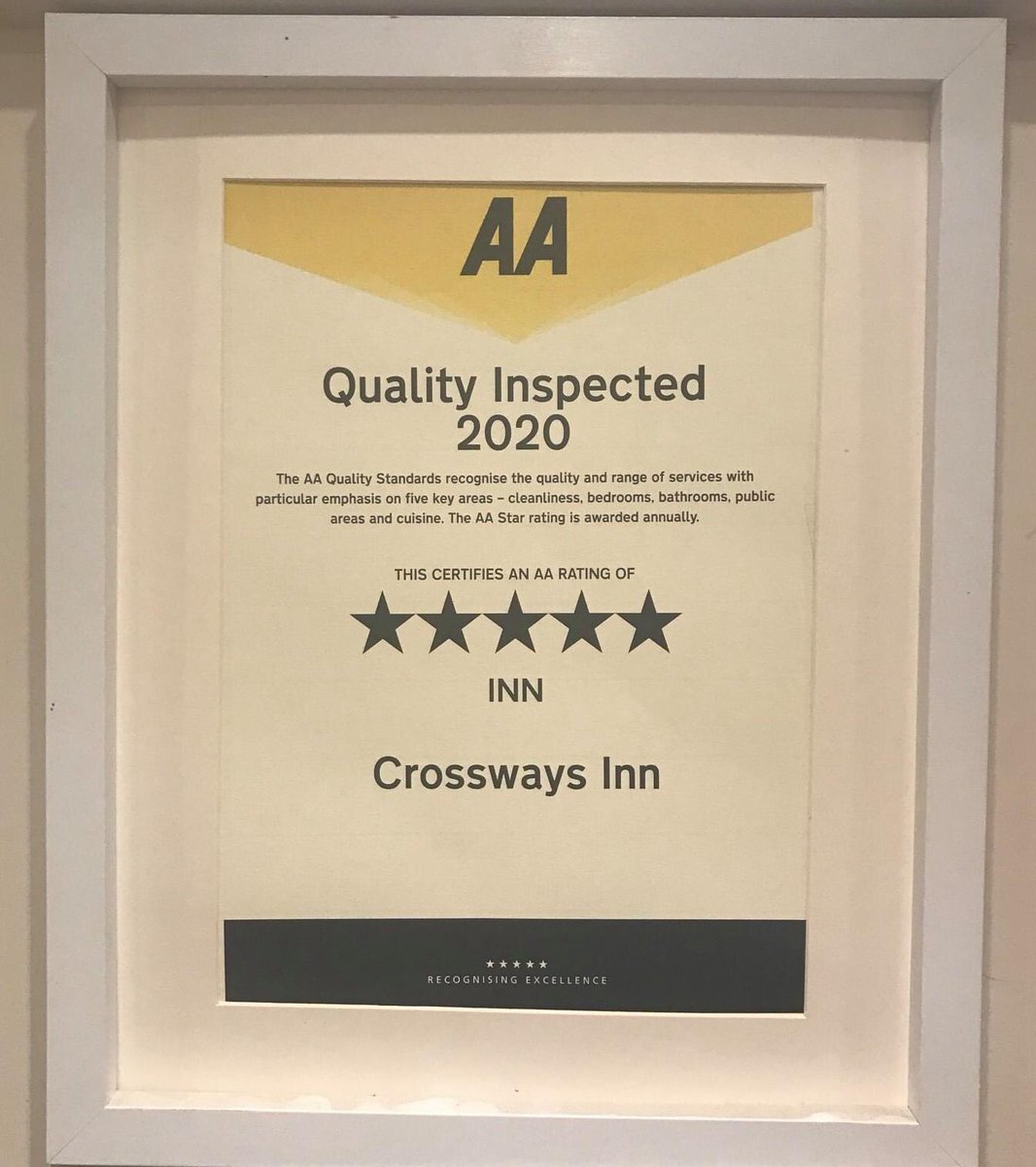 thecrossways's tweet photo. We have received our AA inspection certificate! #feelingproud #aainspection #fivestar #fivestarinn #quality #certificate #achievement https://t.co/TAi9AAPIKL