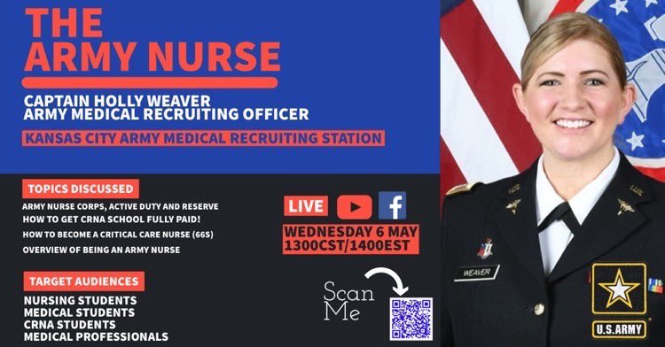 Tune in this Wednesday to get some amazing information from our very own CPT Weaver on Active Duty and Reserve Army Nurse Corp careers.
#army #nurse #nurses #nursesofinstagram #nursing #criticalcarenurse #criticalcare #medicine #armymedicine
