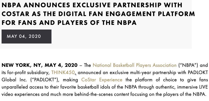 sportsbizgroup's tweet photo. Think450, the for-profit subsidiary of @TheNBPA , has signed a multiyear deal with CoStar Experience, a global digital fan engagement platform that gives fans access to NBA players through immersive live video from anywhere around the world. https://t.co/AdPnRP71AH