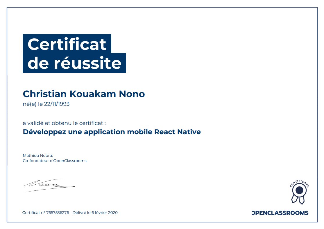 chriskouakam's tweet photo. This training learns you all the basics of the technology React Native, to know how to structure a React Native project and to handle it from beginning to end.
Thank you @OpenClassrooms 

#ReactNative #Javascript #JS #EliteHive #HardCoreLearner #HardCoreWorker #certification https://t.co/MiOtUvmyd2