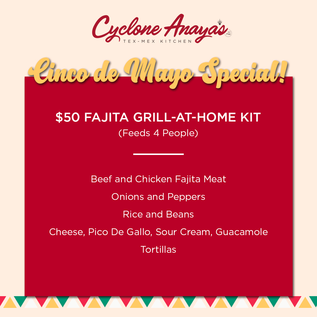 CycloneAnayas's tweet photo. Don’t miss out on Cinco de Mayo celebrations for carryout! Call to order a carryout fiesta kit today: https://t.co/xpwfwi2IKo https://t.co/p3xkCqwZvn