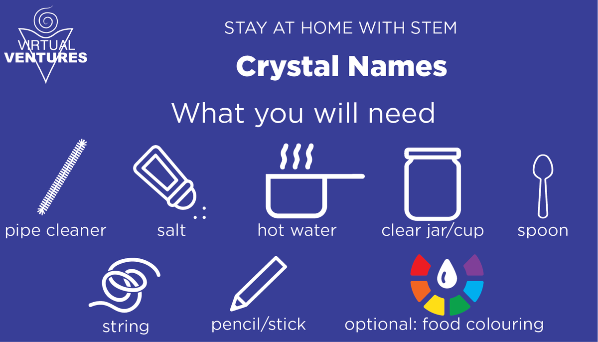 virtualventures's tweet photo. Let's get creative with crystals! Using a pipe cleaner mold your name or a shape and watch the crystals grow! #StayAtHomeWithSTEM https://t.co/8X1MD1Y8u1