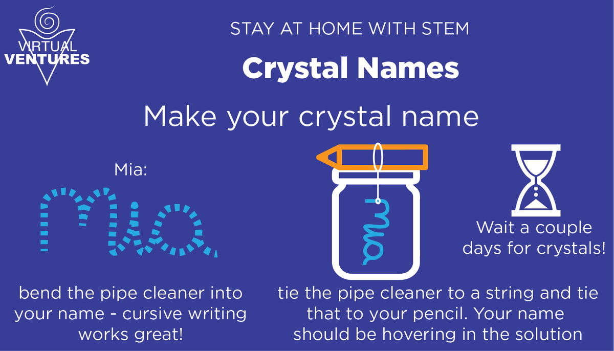virtualventures's tweet photo. Let's get creative with crystals! Using a pipe cleaner mold your name or a shape and watch the crystals grow! #StayAtHomeWithSTEM https://t.co/8X1MD1Y8u1
