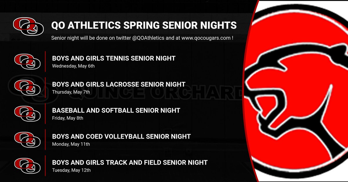 Spring Senior Night Information! @QOHSPrin_Thomas <a href="/lax_qo/">QO Girls Lax</a> <a href="/QOLacrosse/">QO Lacrosse</a> <a href="/QOCKelly_Adams/">QO Colleen Adams</a> <a href="/CoachGasaway/">Jason  Gasaway</a> <a href="/QOXCTF/">QO XC/T&F</a>  <a href="/qocoedvball/">QO Coed Volleyball</a> @QOVolleyball <a href="/QOBoosters/">Quince Orchard Boosters</a> <a href="/QOSportsNet/">QO Sports Network</a>
