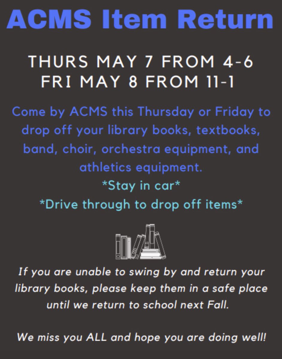 Got books?? Turn in your library books and any other items you have this week May 7 &amp; 8. See details below. <a href="/ArborCreekMS/">Arbor Creek MS</a> 💙