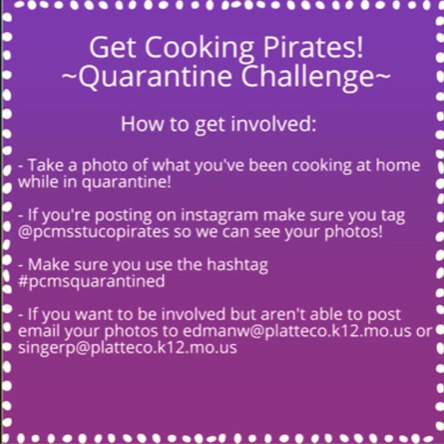 pcmsSTUCOpirate's tweet photo. Join Stuco this week as we start our 4th quarantine challenge! Take a photo of something you’ve cooked while in quarantine and posted it on your social media! Don’t forget to use #pcmsquarantined if you’re posting on Instagram! https://t.co/TjXsN0lFe5