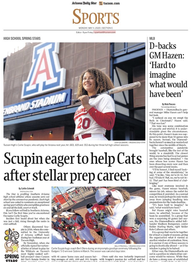 Terrific centerpiece in today's Daily Star on Carlie's lost senior season and looking toward freshman year at UofA, where she has a chance to start at first base in 2021, by <a href="/caitlincschmidt/">Caitlin Schmidt</a>. tucson.com/sports/high-sc…