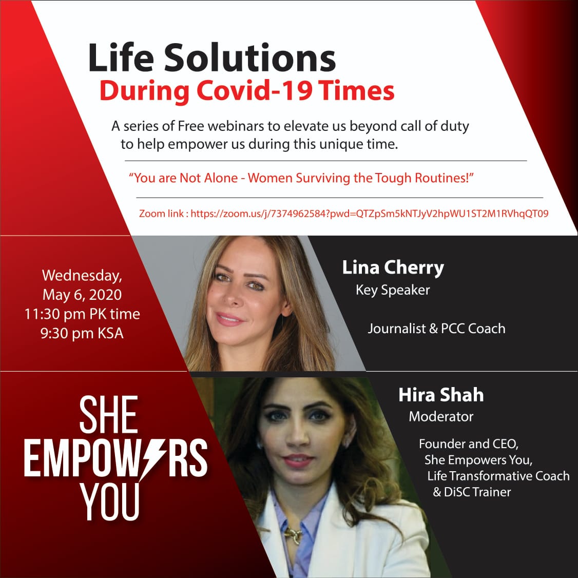 YouEmpowers's tweet photo. We are back with our Webinar Series, " Life Solutions During COVID 19 Times". The Webinar is on "You are not alone-Women surviving the tough routine" with Lina Cherry, relationship, parenting and youth Coach as our guest speaker.
Zoom link:
https://t.co/HPfPnnRokK https://t.co/s8jjarhARK