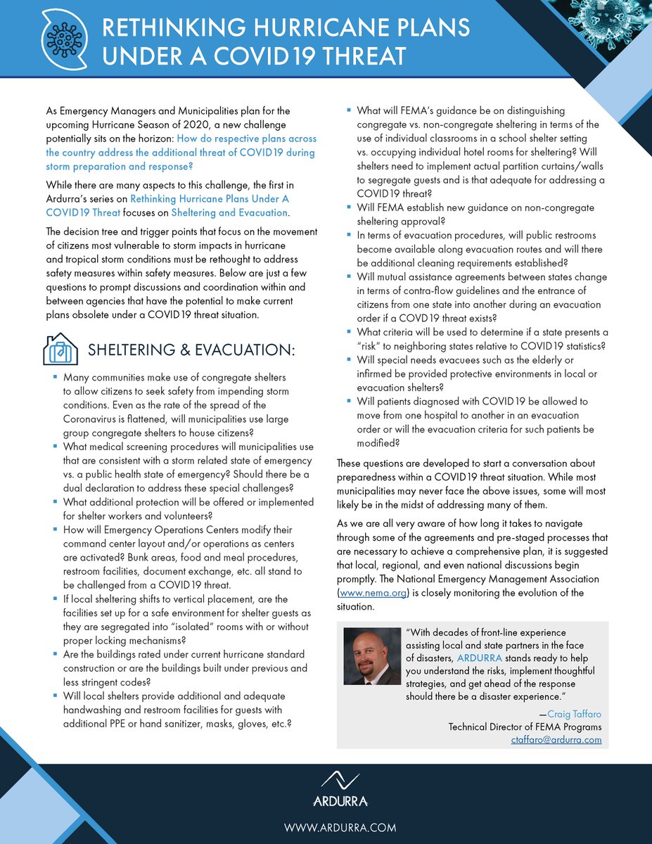ardurra's tweet photo. For more information, contact Ardurra's Technical Director of FEMA Programs, Craig Taffaro, at ctaffaro@ardurra.com.

#disasterrecovery #emergencymanagement #hurricaneplan #covid19 #FEMA #NEMA #ardurra https://t.co/jDfEHFjBQy