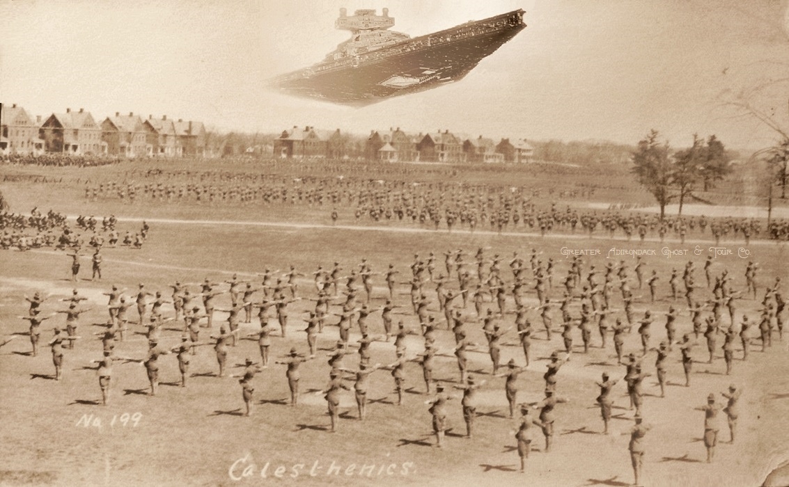 GhostandTourCo's tweet photo. According to Army records, #Plattsburgh Barracks was often visited by foreign "observers" for training purposes. Here a Star Destroyer of the Imperial Navy can be seen in the lower atmosphere above Plattsburgh back in 1917. #MayTheFourth be with you!!! #StarWarsDay #StarWars https://t.co/PRfNRTEZVq