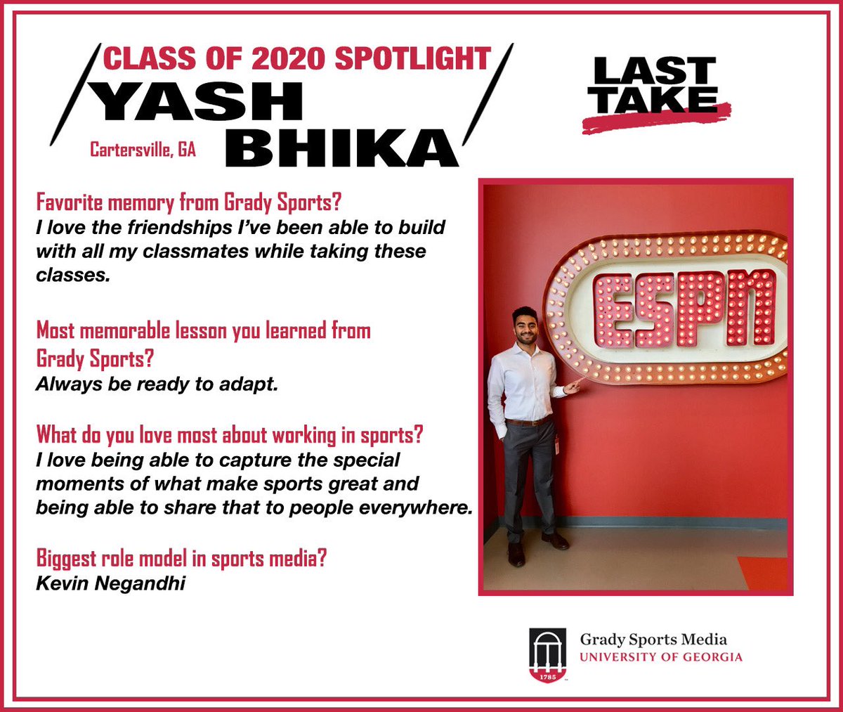 SportsMediaUGA's tweet photo. #Classof2020 Spotlight: Yash Bhika.
Yash is from Cartersville, GA. He interned with ESPN last summer. His favorite sport to follow is soccer. He even has a podcast about the English Premier League.
Congrats @yashbhika on all your accomplishments. #MUFC #LastTake https://t.co/UEoY5UIsVG