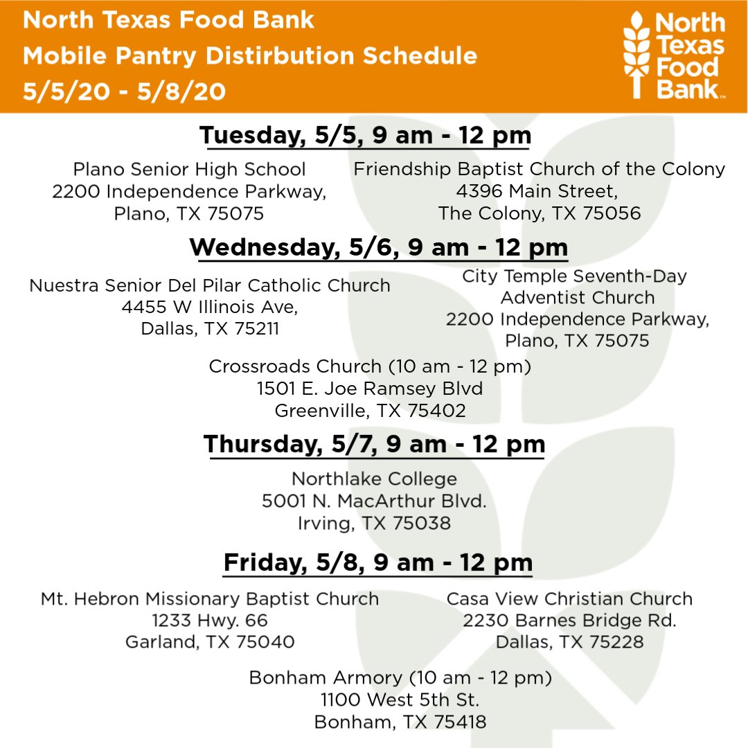 NTFB's Mobile Pantry will be at the following locations this week distributing food on a first-come, first-serve basis. Only those who are in a vehicle will be able to receive food. Please bring proof of identification if picking up for someone other than yourself.