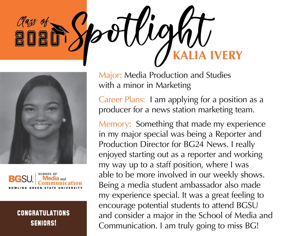 SMCBGSU's tweet photo. #BGSUSMC #GraduateSpotlight Kalia Ivery, "Being a media student ambassador also made my experience special. It was a great feeling to encourage potential students to attend @BGSU and consider a major in the School of Media and Communication." Congratulations, Kalia! https://t.co/ORT9yrmoYo