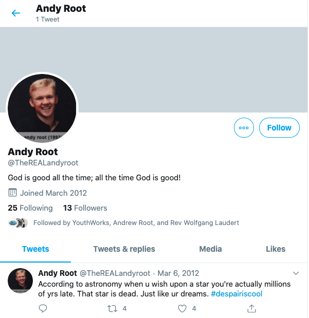 luthersemcyf's tweet photo. A fake Twitter profile for @RootAndrew  has been discovered.  Its one and only tweet from 2012 is 100% on-point.  If any clever Luther alums are responsible, please step forward.  We'd love to congratulate you... https://t.co/rlzokAjcsZ