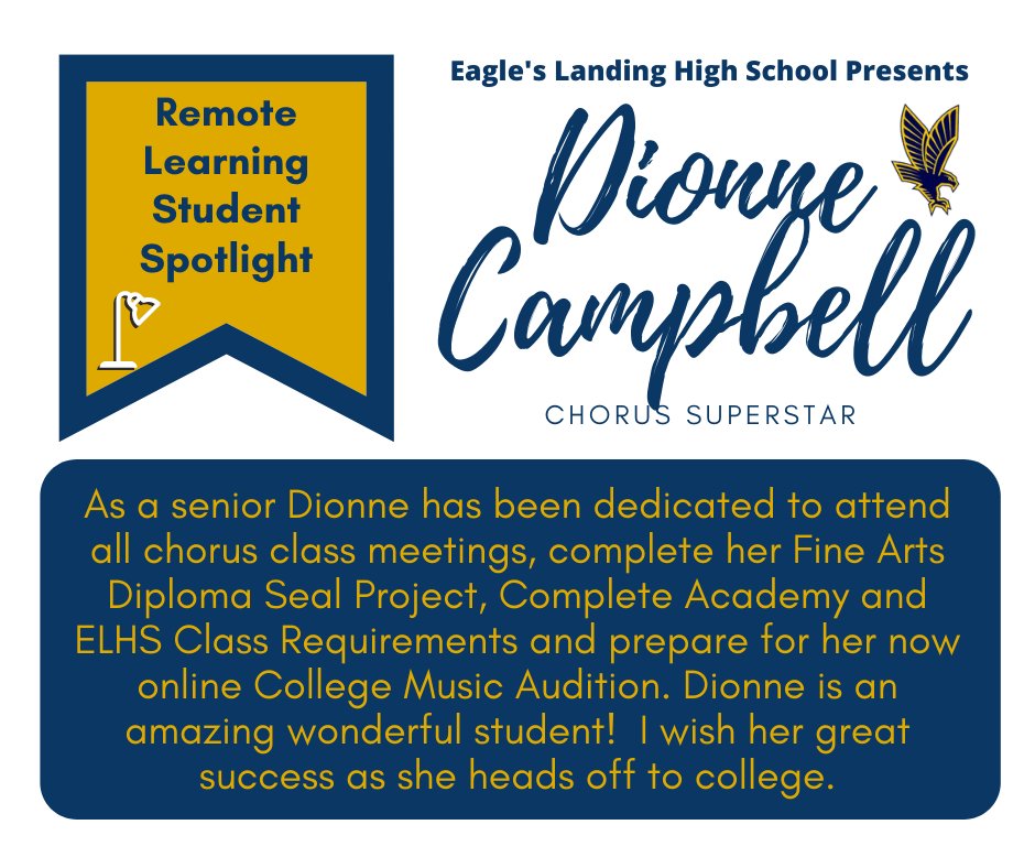 ELHS_HCS's tweet image. Dionne Campbell is our SENIOR Remote Learning Student Spotlight! Nominated by Ms. Massengale, Dionne is truly a Chorus Superstar! @DrKeshaJones1 @KindraTukes @drwilliams08 #ELHSRemoteLearningSpotlight #RemoteLearninginHenry #ELHSSOAR #studentsintherace