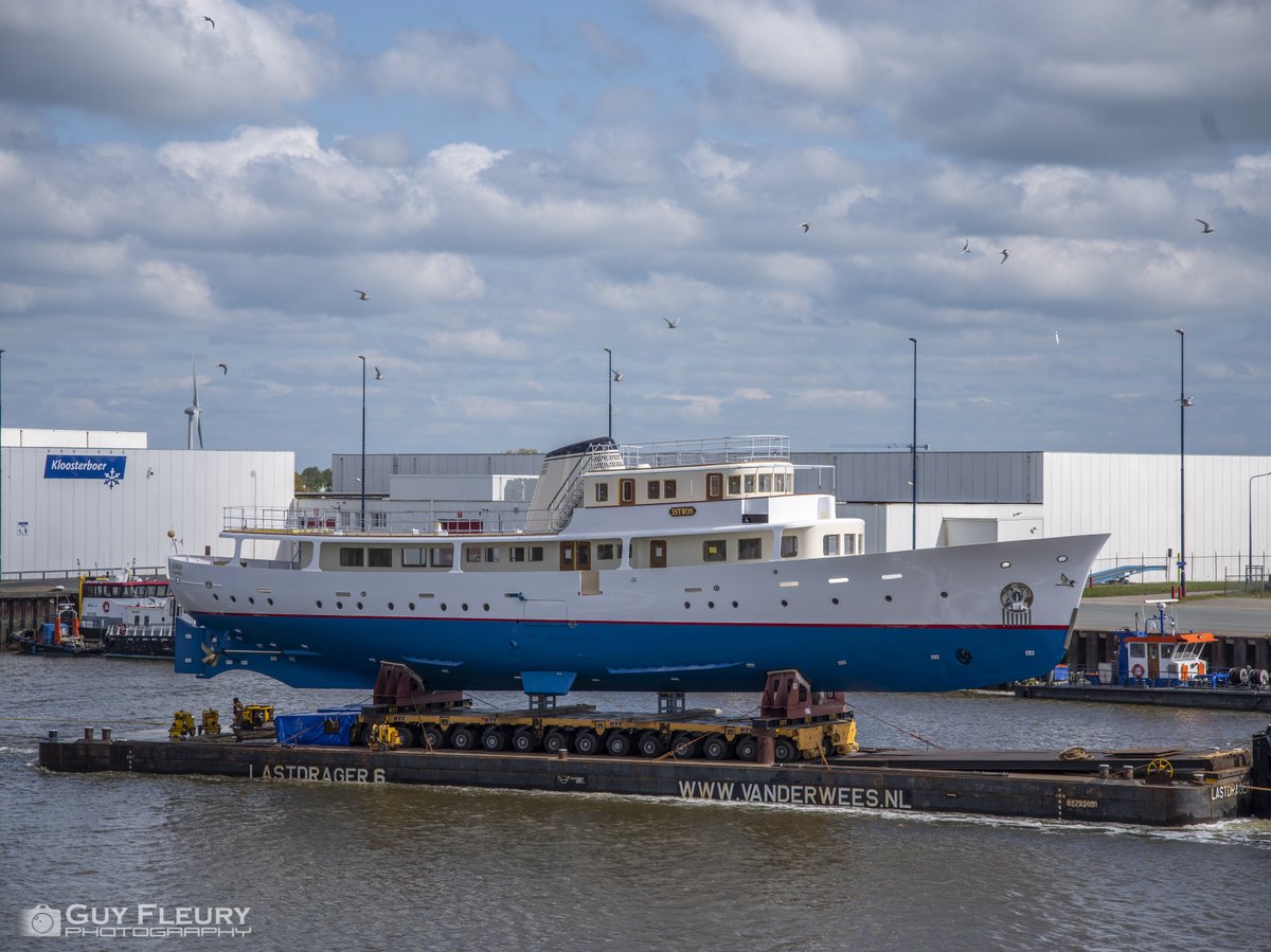 Dutchyachting's tweet photo. The 42.06m/ 137’1” #Istros, designed and delivered by #AmsterdamShipyard Ltd. G. #deVriesLentsch Jr. in 1954, entered the shed in #Makkum on August the 20th of last year and was #relaunched after an extensive #refit today. Photos: GuyFleury Photography. https://t.co/TfuwtsvoUf https://t.co/DPLMrFZdwu