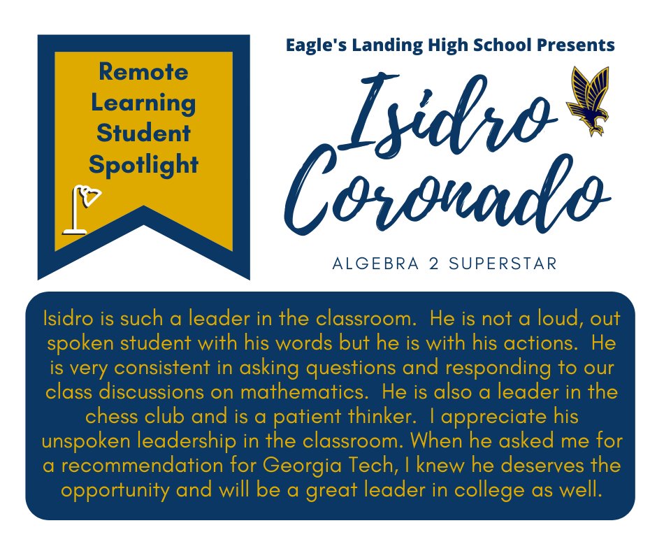 ELHS_HCS's tweet image. Isidro Coronado is Mr. Ferrell&apos;s Algebra 2 Superstar! As a leader in and out of the classroom, Isidro is our next Remote Learning Student Spotlight! @DrKeshaJones1 @KindraTukes @drwilliams08 #ELHSRemoteLearningSpotlight #RemoteLearninginHenry #ELHSSOAR #studentsintherace